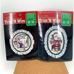 Lot of 2 VTG 1987 Christmas Themed Cross Stitch Kit w/Shaped Wire Frame USA Made